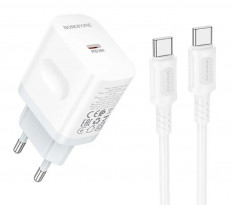 Сетевое зарядное устройство с выходом Type-C, 3.0А, 20W, белый, BA99A, с кабелем Type-C-Type-C BOROFONE Поддержка быстрой зарядки QC/PD20W; Uвх=110-240VAC; Uвых=5V/3A; 9V/ 2.22A