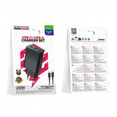 Сетевое зарядное устройство с вых.USB,Type-C,3.0A,черный BAS74A Source PD20W +QC3.0,с каб.Type-C
