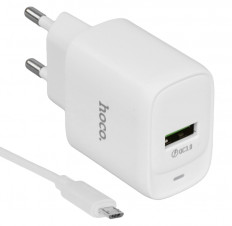 Сетевое зарядное устройство с выходом USB, 3.0А, белый, C140A Smart,с каб. USB-microUSB, QC3, HOCO Поддержка быстрой зарядки QC3.0/2.0+Huawei FCP,Samsung AFC; Uвх=100-240VAC; Uвых=3.6–6.5V/3A, 6.6–9V/ 2A, 9.1–12 V/1.5А, 18W; уп.28/216шт