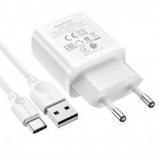 Сетевое зарядное устройство с выходом USB, 2.1А, белое, кабель Type-C, BA52A; BOROFONE Uвх=100-240VAC; Uвых=DC5V/2.1A