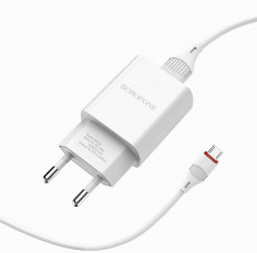 Сетевое зарядное устройство с выходом USB, 2.1А, белый, BA20A Sharp, с кабелем USB-microUSB; BOROFONE Uвх=100-240VAC; Uвых=DC5V/2.1A