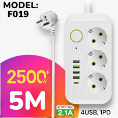 Удлинитель сетевой F019 5.0м (3EU+4USB+1PD) белый FaizFull 10A, с выключателем