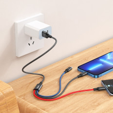 Кабель для зарядки USB-Multi 3в1 microUSB + Lightning + Type-C X76 цветной(черный/синий/красный)