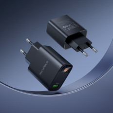Сетевое зарядное устройство с выходом USB, 3.0А, черный, BA95A ilustre, QC3.0; дисплей,