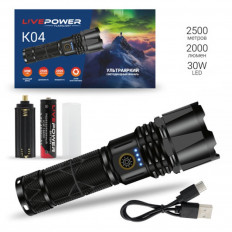 Фонарь прожектор K04 аккумуляторный с функцией Power Bank LIVE-POWER 1LED 30W; ZOOM; питание от акк. Li-ion 18650 или 3*LR03. Зарядка через шнур Type-C