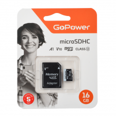 Карта MicroSDHC 16Gb (Class 10) 60Mb/s V10 GoPower + SD adapter