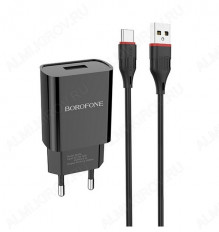 Сетевое зарядное устройство с выходом USB, 2.1А, черное, кабель Type-C, BA20A; BOROFONE Uвх=100-240VAC; Uвых=DC5V/2.1A