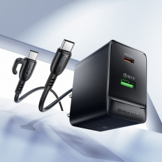 Сетевое зарядное устройство с вых.USB,Type-C,PD65W +QC3.0, BAS17A Erudite ,черный ,с каб.Type-C