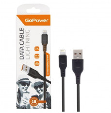 Кабель USB-Lightning, 1.0м, для зарядки и передачи данных, чёрный, (GP01L) GoPower 2.1A, ПВХ (PVC), ...