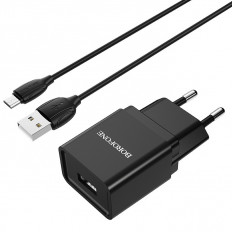 Сетевое зарядное устройство с выходом USB, 1A, черное, кабель microUSB, BA19A Nimble; BOROFONE Uвх=100-240VAC; Uвых=DC5V/1.0A