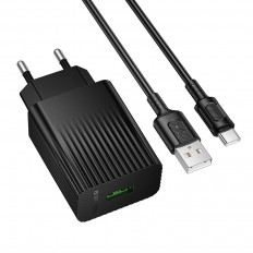 Сетевое зарядное устройство с выходом 1*USB, 3.0А, черный, BAS72A Source;QC3.0, с кабелем USB-Type-C BOROFONE QC3.0; Uвх=100-240VAC; Uвых=DC5V/3.0A,DC9V/2.0A; 18W (QC/FCP/AFC); уп.20/120шт
