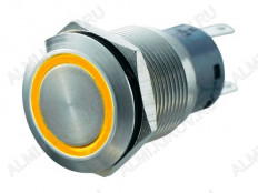 Кнопка антивандальная M19 ON-(ON) LED12V 1NO1NC 5c желтая с подсветкой 12V, без фиксации d=19mm; 5A/250VAC; 5pin; IP67