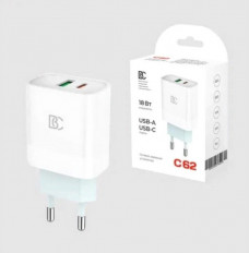 Сетевое зарядное устройство с выходом USB, Type-C, 3.0A белое PD C62, 18W BC Uвх=100-240VAC; Uвых=DC5V/3.0A