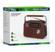 Радиоприемник RPR-045 CHOCOLATE RITMIX УКВ(FM) 87.5-108МГц; СВ(MW) 522-1620МГц; КВ(SW) 9,5-18МГц ; Bluetooth; USB, microSD; питание от аккумулятора 18650(в комплекте). Зарядка через шнур USB