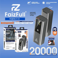 Аккумулятор внешний 20000mAh 100W FL124 черный FaizFull выход: 1USB, 2Type-C