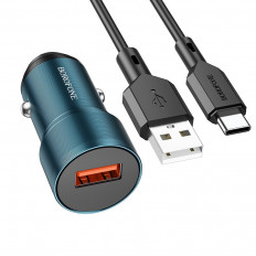 Автомобильное зарядное устройство с выходом USB, 3A, синий, QC3.0 BZ19A Wisdom с кабелем USB-Type-C