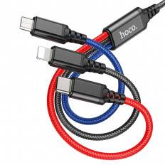 Кабель для зарядки USB-Multi 3в1 microUSB + Lightning + Type-C X76 цветной(черный/синий/красный)
