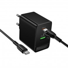 Сетевое зарядное устройство с вых.USB,Type-C,PD45W +QC3.0, BAS16A Erudite,черный, с каб.Type-C
