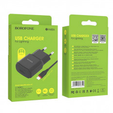 Сетевое зарядное устройство с выходом USB, 2.1А, черное, кабель Lightning, BA48A; BOROFONE Uвх=100-240VAC; Uвых=DC5V/2.1A