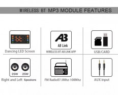 KIT Аудиоплеер MP3/FM/BT 7...16V JQ-D002BT с усилителем No name Питание: 7...16VDC; Дисплей; Разъёмы: USB,TF,AUX-3.5мм; Bluetooth; FM 87.5~108мГц; усилитель 2*25W; Пульт ДУ