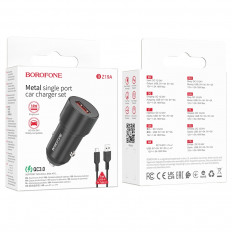 Автомобильное зарядное устройство с выходом USB, 3A, черный, QC3.0 BZ19A Wisdom с кабелем USB-Type-C
