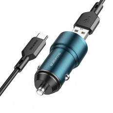 Автомобильное зарядное устройство с выходом USB, 3A, синий, QC3.0 BZ19A Wisdom с кабелем USB-Type-C