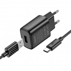Сетевое зарядное устройство с выходом USB, 2.4А, черный, C134A Solid, с кабелем USB-Type-C;